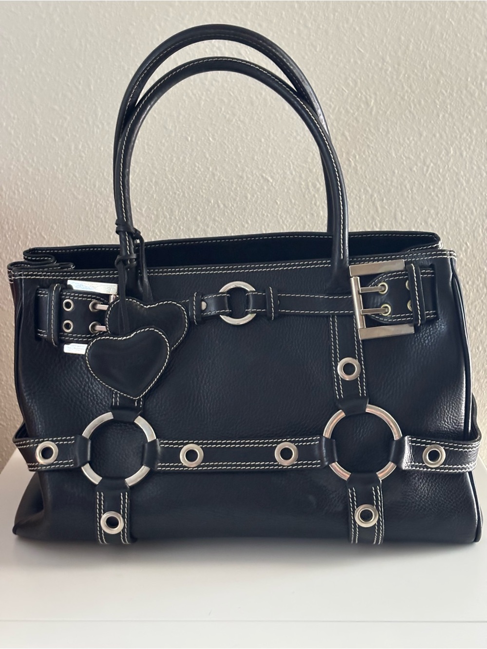 Black Leather Tote with Silver Accents